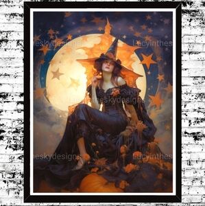 Art Nouveau Vintage Halloween Witch Celestial Art Print Home Decor 8.5x11